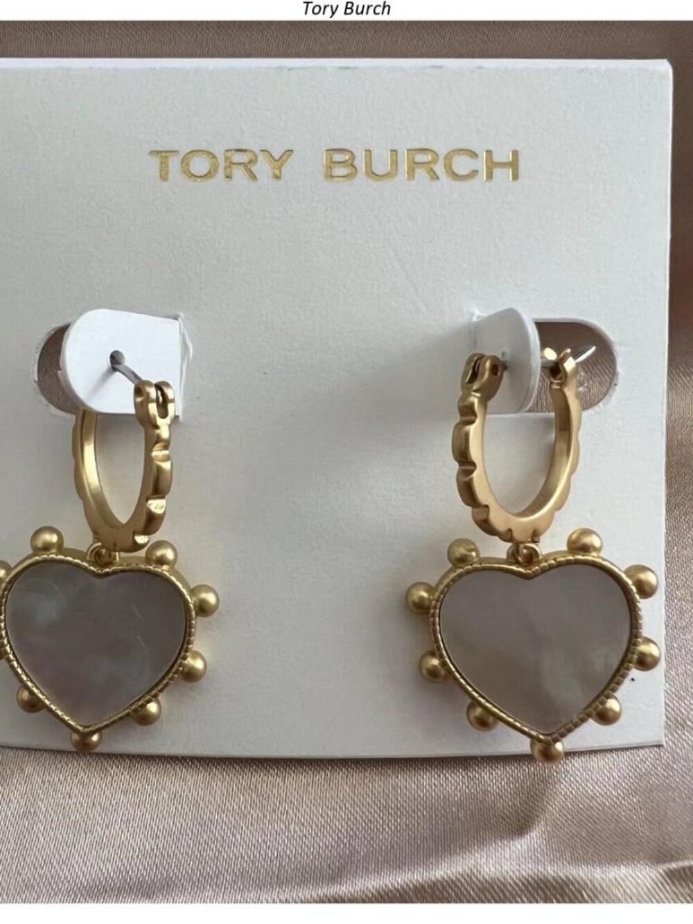 Tory Burch Gold Hoop Earrings with Mother-of-Pearl Heart Drops
